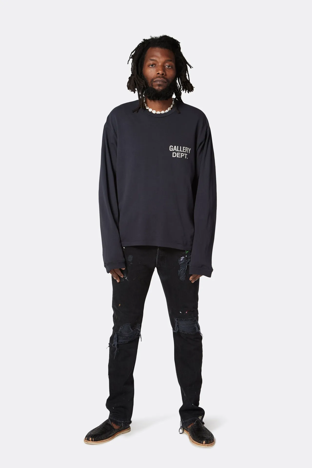 GALLERY DEPT. SOUVENIR L/S TEE Black Basic English Logo Long Sleeves Washed Black S-XL Heavy Washed Vintage Cylindrical Seamless Linen Cotton Fabric